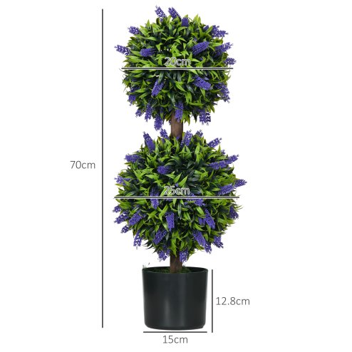 HOMCOM Set of 2 Decorative Artificial Plants Ball Trees with Lavender Flowers in Pot Fake Plants for Home Indoor Outdoor Decor, 70cm, Green
