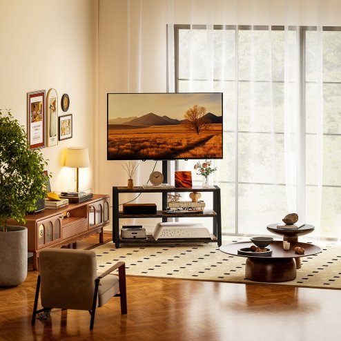 HOMCOM TV Stand Cabinet with Swivel Bracket for 32 - 65 Inch TVs, Industrial TV Cabinet with Open Shelves, Cable Management, Trapezoid-Shaped Steel Frame for Living Room, Bedroom, Rustic Brown