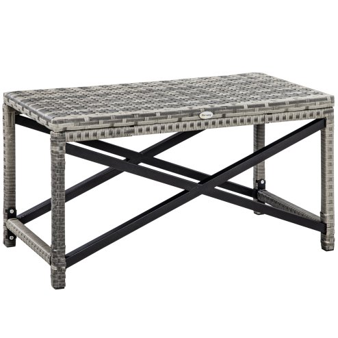 Outsunny Outdoor Coffee Table, Garden PE Rattan Side Table with Plastic Board Under the Full Woven Table Top and X-Shape Frame for Patio, Balcony, Mixed Grey