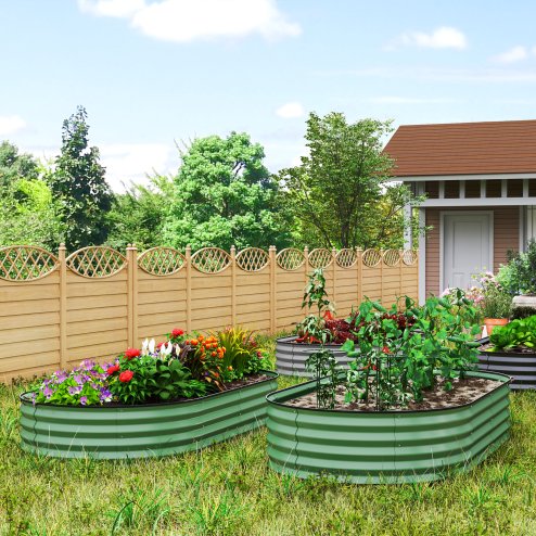 Outsunny Set of 2 Raised Beds for Garden, Outdoor Galvanised Planter Box with Plant Support Stakes, Rubber Strap Edging and Bottomless for Flower, Vegetable, 181 x 93 x 30 cm, Green