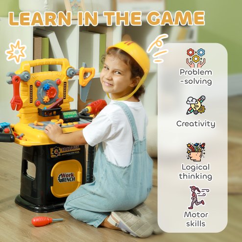 AIYAPLAY Kids Tool Bench, Workbench Kids Tool Set, 102 Pieces with Electric Drill, Storage, for Ages 3-6 Years, Yellow