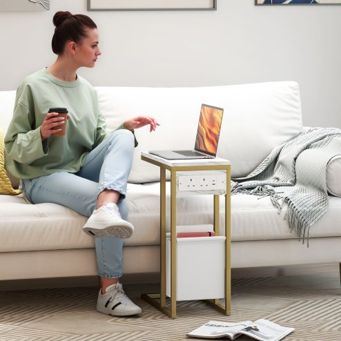 HOMCOM C Shaped Side Table with Storage and Charging Station, Faux Marble Narrow Bedside Table with Fabric Storage Bag and Steel Frame for Living Room, Bedroom, White