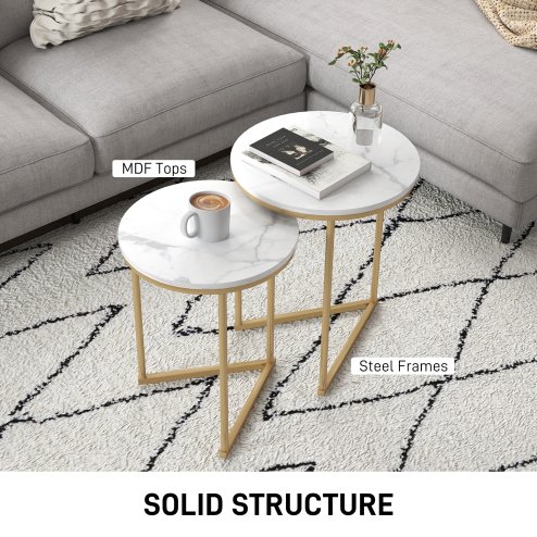 HOMCOM Nesting Coffee Table Set of 2, Modern Nest of Tables, Round Sofa Side Tables with Metal Frame for Living Room, Bedroom, Small Space, Gold Tone
