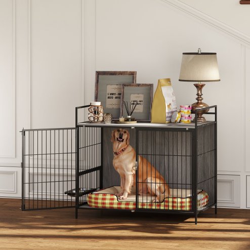 PawHut Dog Crate Furniture with 2 Rotatable Bowls, Dog Crate End Table with 2 Anti-Escape Doors, Storage Shelf, for Large Dogs, 100 x 60 x 88 cm, Grey