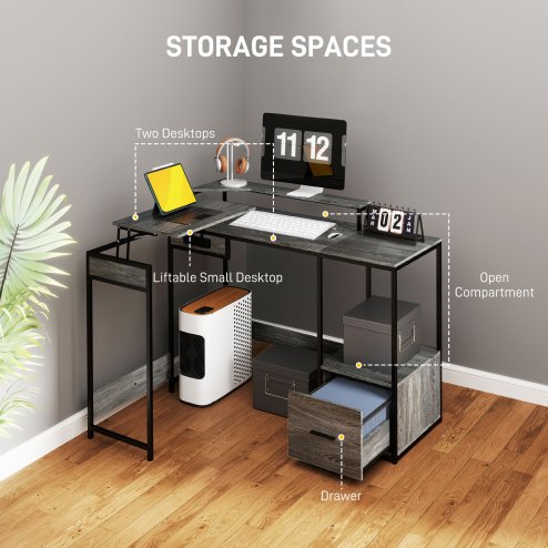HOMCOM L Shaped Desk, Computer Desk with Liftable Desktop, Industrial Corner Desk with Drawer for A4/Letter Size, Home Office Desk with Monitor Stand for Home Office