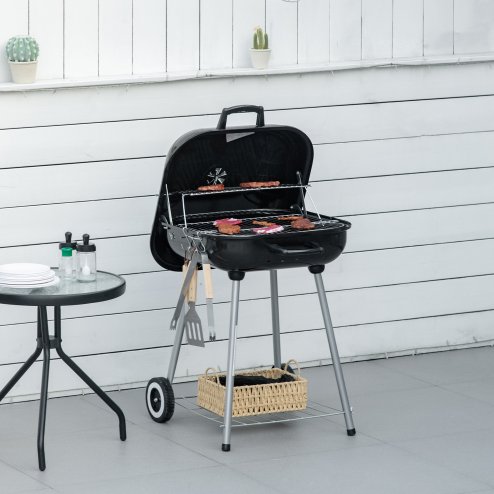 Outsunny Portable BBQ Charcoal Grill with 2 Wheels and Cooking Utensils, Smoker Grill with Lid for Outdoor Barbecues, Camping, Picnic, Courtyard