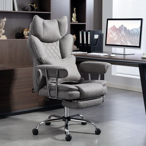 HOMCOM Executive Office Chair, Leathaire Reclining Computer Desk Chair with Lumbar Support Pillow, Built-in Headrest, High Back, Footrest, Silent Swivel Wheels, Armrest for Home, Grey