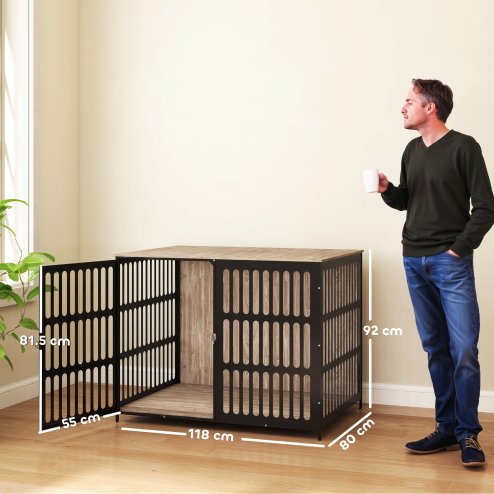 PawHut Dog Crate Furniture, Dog Cage Side End Table Indoor with Anti-Chew Resistant Mesh, Anti-Escape Door, for Extra Large Dogs, 118 x 80 x 92 cm, Walnut Brown