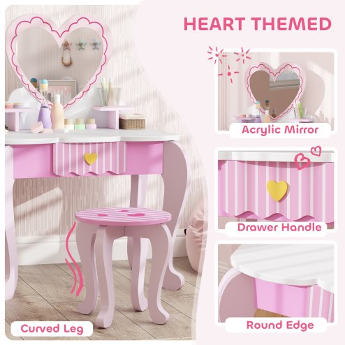 AIYAPLAY Kids Dressing Table Set, 2-Piece Children Vanity Table with Stool, Mirror, Drawer, Desktop, Storage, Heart-Themed Makeup Desk and Chair, Pink