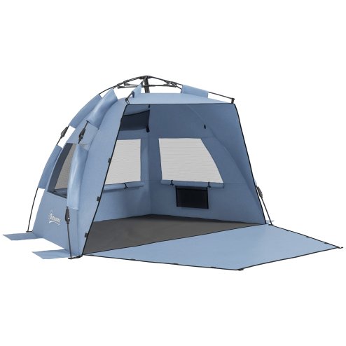 Outsunny Pop Up Tent Beach Tent for 2-3 Person, UPF15+ Easy Set Up Sun Shelter with Extended Floor, Sandbags, Mesh Windows and Carry Bag, Light Blue