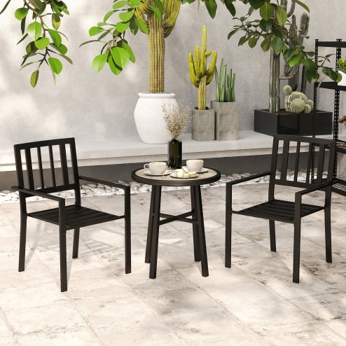 Outsunny 3 Piece Patio Bistro Set, Garden Dining Set with Plastic Top, 2 Stackable Chairs, Galvanised Steel Frame, Outdoor Dining Set for Balcony, Deck, Grey