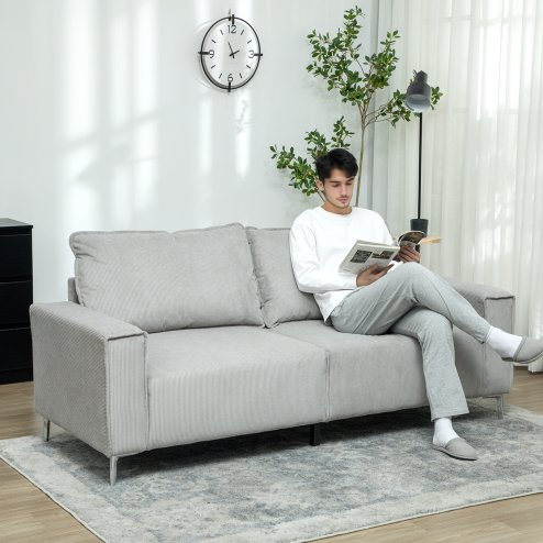 HOMCOM Modern 3 Seater Sofa with Spring Cushion, 193cm Fabric Sofa Couch with Back Pillows, Upholstered Corduroy Settee for Living Room, Bedroom, Home Office, Light Grey