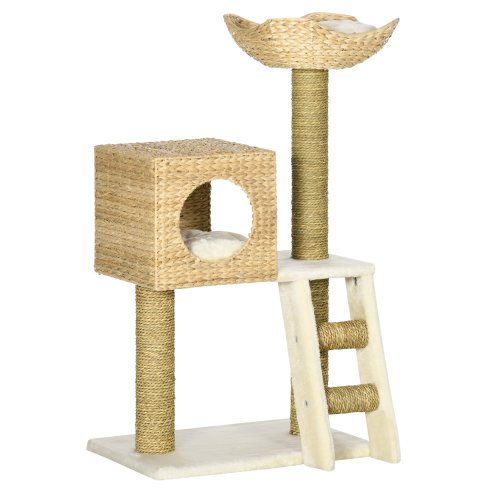 PawHut Flower Cat Tree for Indoor Cats Kitten Tower Cattail Weave with Scratching Posts, Cat House, Bed, Ladder, Washable Cushions, 57 x 37 x 100.5 cm - Natural Finish