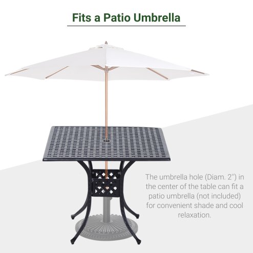 Outsunny 90 x 90cm Square Garden Dining Table with 46.5mm Dia. Umbrella Hole, Cast Aluminium Outdoor Dining Table, Grid Motif Outdoor Table for Garden, Patio, Porch, Black