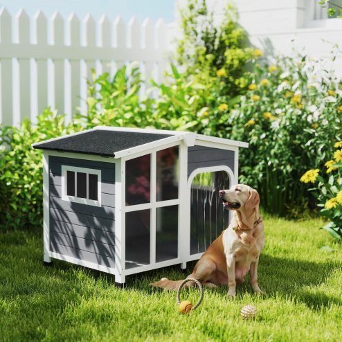 PawHut Wooden Dog Kennel, Elevated Dog House with Removable Floor, Asphalt and Openable Roof, Giant Window, Outdoor Pet House Shelter for Large Dogs, Charcoal Grey