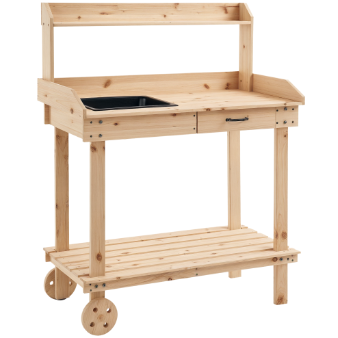 Outsunny Garden Potting Bench Table, Wooden Work Station, Outdoor Planting Workbench with 2 Wheels, Sink, Drawer & Large Storage Spaces, 92x45x119cm