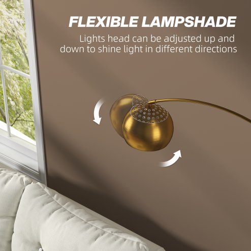 HOMCOM 180cm Arc Floor Lamp for Living Room, Modern Adjustable Standing Lamp with Foot Switch, Faux Black Marble Base and Bell Shade for Home Offices, Bedrooms, Gold Tone