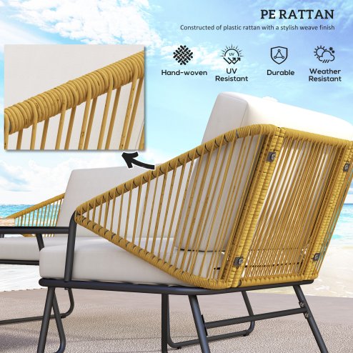 Outsunny 4 Piece Rattan Garden Furniture Set, Wicker Patio Outdoor Furniture Set with Loveseat, Armchairs, Glass Top Coffee Table and Cushions for Patio, Conservatory, Balcony, Natural Wood Finish