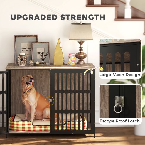 PawHut Dog Crate Furniture, Dog Cage Side End Table Indoor with Anti-Chew Resistant Mesh, Anti-Escape Door, for Extra Large Dogs, 118 x 80 x 92 cm, Walnut Brown