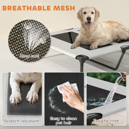 PawHut Elevated Dog Bed with Removable Canopy, Portable Cooling Raised Pet Cot with Breathable Mesh, Storage Bag, for Indoor Outdoor Use, for Medium Large Dogs, 92 x 75 x 89 cm, Light Grey
