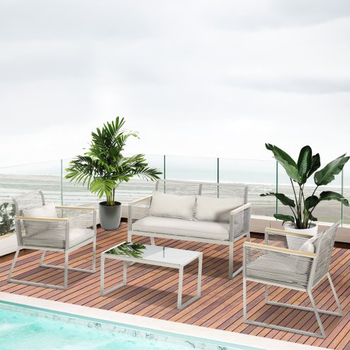 Outsunny 4 Pieces Rattan Garden Furniture Set, Metal Frame Outdoor Furniture Sofa Set with Cushions, Pillows & Tempered Glass Top Table, Wicker Garden Sofa for Conservatory, Patio, Grey