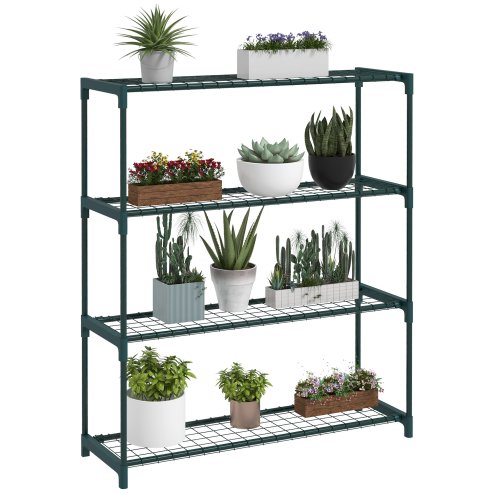 Outsunny Modern Plant Stand, 4-Tier Planter Holder with Steel Frame, Outdoor Flower Display Rack for Potted Plants Garden Balcony Decor, Dark Green