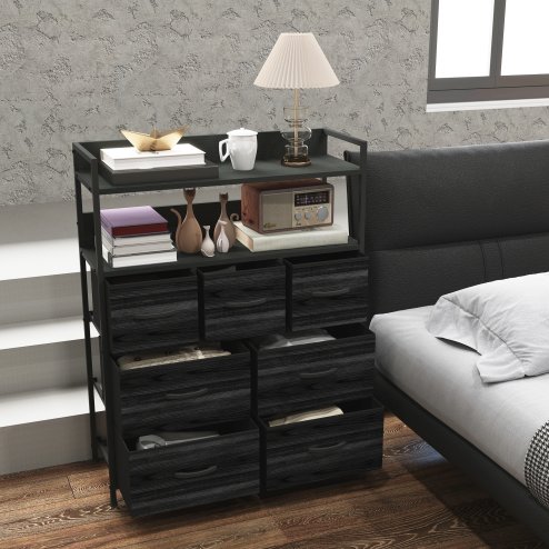 HOMCOM Bedroom Chest of Drawers, Fabric Dresser with 7 Drawers, Storage Organiser Unit with Open Shelves and Metal Frame for Living Room, Entryway