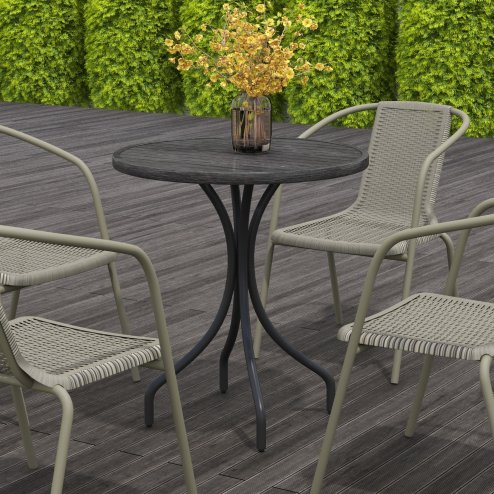 Outsunny ??66cm Garden Side Table, Round Bistro Coffee Table, Outdoor Patio Table with Steel Frame and Slat Tabletop for Balcony and Porch, Grey Wood Grain