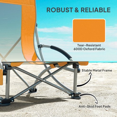 Outsunny Set of 2 Folding Beach Chair, Low Camping Chair with Mesh Back, Carry Bag and Cup Holder for Garden Outdoor Picnic Festival Travel, Orange