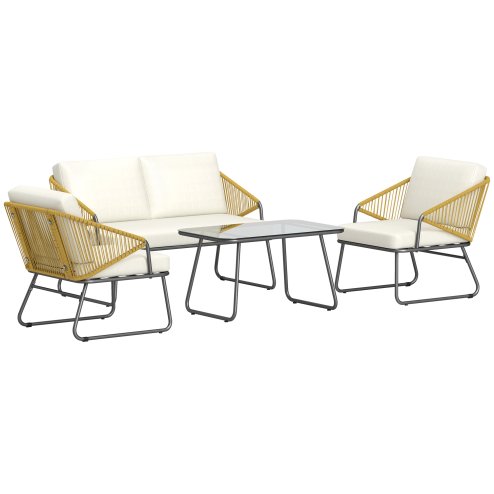 Outsunny 4 Piece Rattan Garden Furniture Set, Wicker Patio Outdoor Furniture Set with Loveseat, Armchairs, Glass Top Coffee Table and Cushions for Patio, Conservatory, Balcony, Natural Wood Finish