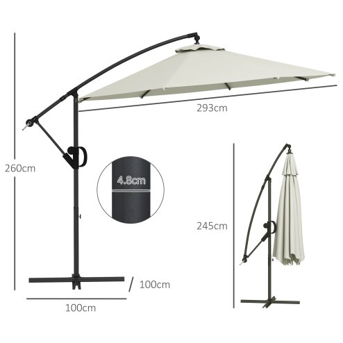 Outsunny 3(m) Cantilever Parasol with Cross Base, Banana Parasol with Crank Handle, Tilt and 8 Ribs, Round Hanging Patio Umbrella for Outdoor Pool, Garden, Balcony, Cream