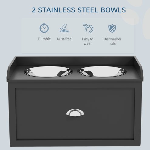 PawHut Stainless Steel Raised Dog Bowls, Double Dog Food and Water Bowl w/ 21L Storage Drawer, for Large Dogs - Black