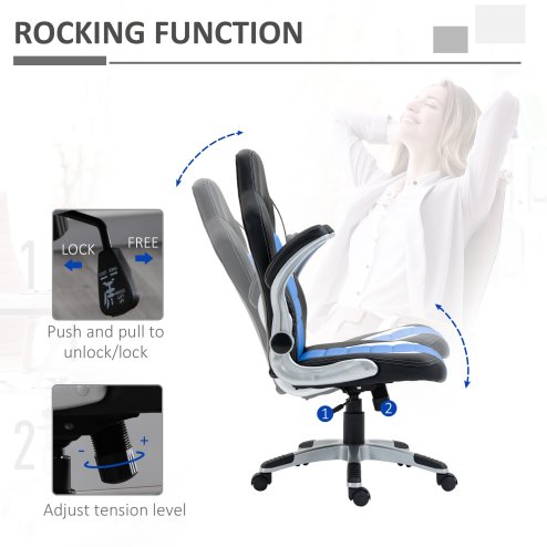 HOMCOM Computer Gaming Chair, Office Desk Swivel Chair, PU Leather Racing Chair with 90?? Flip-up Armrest, Adjustable Height and Rolling Wheels, Blue