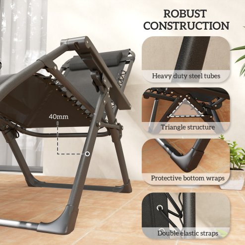 Outsunny Zero Gravity Chairs Set of 2, Folding Reclining Garden Chair, Outdoor Sun Lounger with Cushion, Garden Recliner Chairs with Headrest and Cup Phone Holder Tray for Beach, Grey