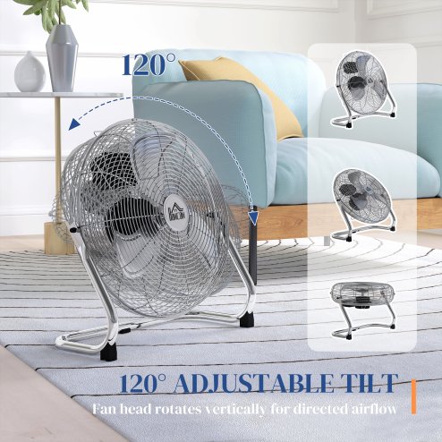HOMCOM 16 Inches Chrome Metal Floor Fan, High Velocity 3-Speed Home Gym with Adjustable Head, Portable Desk & Table Fan Air Circulator for Home Office, Powerful Airflow, Quiet Operation