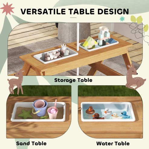AIYAPLAY Kids Picnic Table, Sand and Water Table with Wooden Benches, Adjustable Parasol and Storage Bins, Outdoor Garden Furniture for Children 3-6 Years, Multicolour