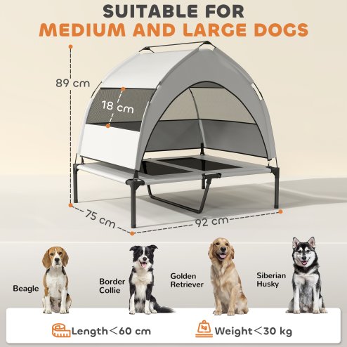 PawHut Elevated Dog Bed with Removable Canopy, Portable Cooling Raised Pet Cot with Breathable Mesh, Storage Bag, for Indoor Outdoor Use, for Medium Large Dogs, 92 x 75 x 89 cm, Light Grey