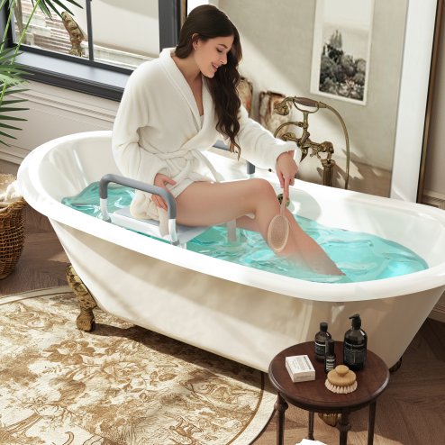 HOMCOM Portable Shower Stool, Non-Slip Shower Chair with Adjustable Height and EVA Cushion, Rust-Free Aluminium Bath Chair for Elderly, Disabled, Light Blue