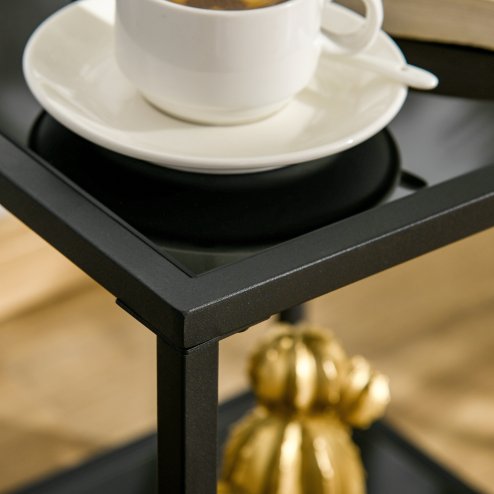 HOMCOM Tempered Glass Side Table with Storage, Modern 2-Tier Bedside Table with Steel Frame, Black