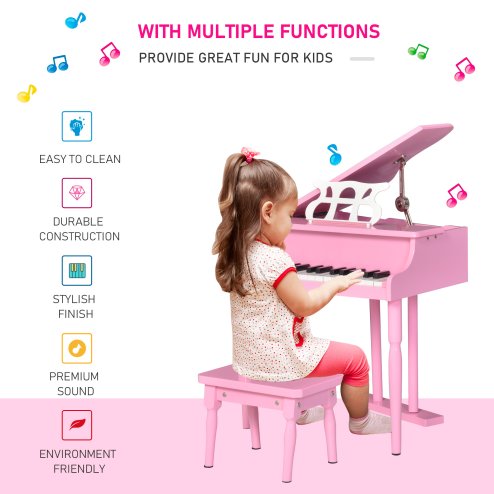 HOMCOM 30 Keys Kids Keyboard Piano Mini Piano Set Grand Piano with Music Stand and Bench Pink