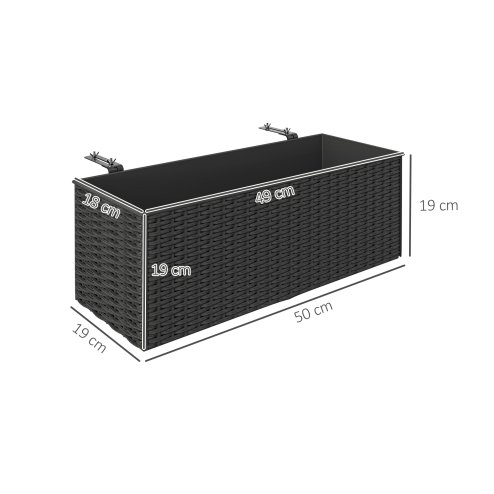 Outsunny Set of 2 Hanging Flower Boxes, 50 cm Long, Rattan Look Flower Pot with Drainage Holes and Hooks, Railing Box for Fence Balcony Garden