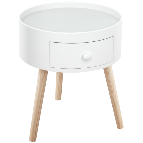 HOMCOM Modern Side Table, Small Coffee Table, Round Bedside Table with Drawer and Wood Legs for Living Room, Bedroom, White