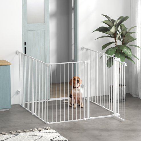 PawHut 2 in 1 Multifunctional Dog Pen, Safety Pet Gate, 6 Panels Dog Playpen with Double-Locking Door, Foldable Dog Barrier for Medium Dogs, 90Hcm - White