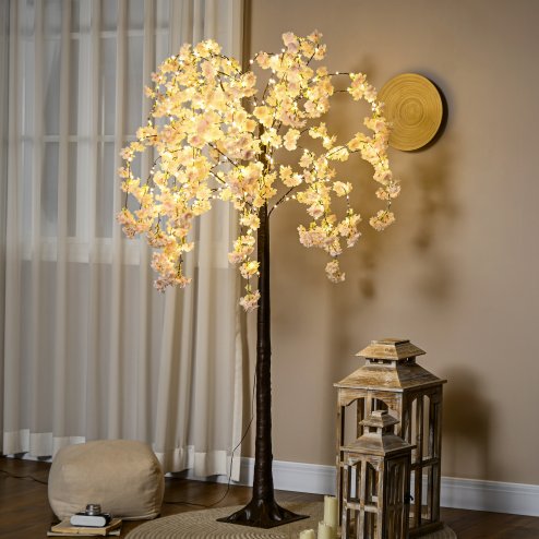HOMCOM 6ft Cherry Blossom Tree Light with 450 Warm White LED Lights, Artificial Tree for Indoor, Party, Wedding, Christmas, Home Decoration, Pink