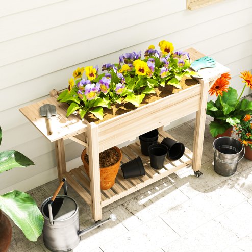 Outsunny Raised Garden Bed, Wooden Elevated Planter Box with Lockable Wheels, Side Tables and Bottom Shelf, Outdoor Planter with Liner and Drainage Holes for Vegetables, Flowers, Fruits, Natural