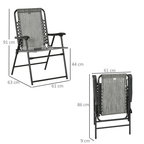 Outsunny Set of 2 Patio Folding Chair Set, Garden Portable Outdoor Chairs with Armrest and Breathable Mesh Fabric Seat and Backrest, for Camping, Beach, Deck, Lawn, Grey