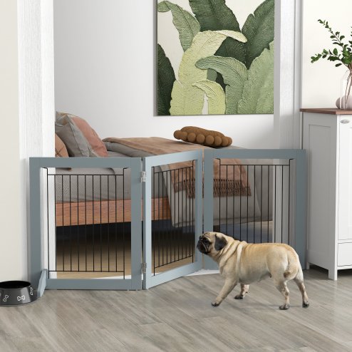 PawHut Freestanding Dog Cate, Foldable Wooden Pet Gate with  - 61cm Tall, for Stairways, Doorways, Hallways, Small Dogs - Grey