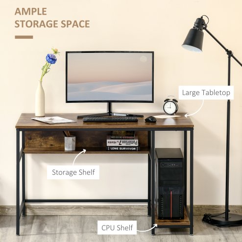 HOMCOM Computer Desk with Storage, 120 x 60cm Home Office Desk with 2 Shelves and Steel Frame, Writing Table for Living Room, Study