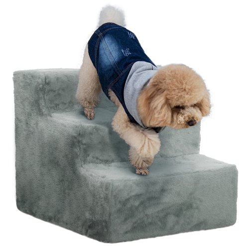 PawHut Dog Steps for Sofa, 3 Steps Dog Stairs, Pet Stairs, with Washable Plush Cover, for Small Breeds, Cats - Light Grey