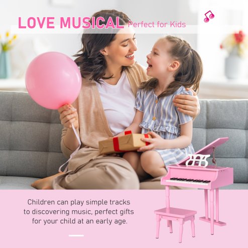 HOMCOM 30 Keys Kids Keyboard Piano Mini Piano Set Grand Piano with Music Stand and Bench Pink